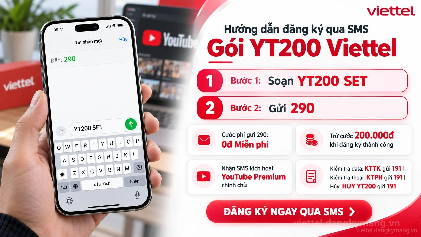 Cách đăng ký gói cước YT200 Viettel soạn tin nhắn YT200 SET gửi 290